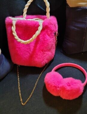 Hot Pink Faux Fur Bucket Bag Handbag and Matching Earmuffs Set Y2K Winter NWOT